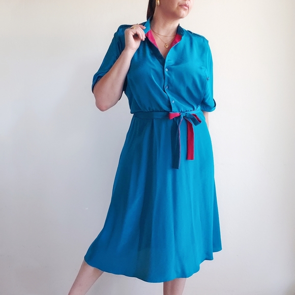 Vintage 80's Blouson Midi Dress 7/8 Turquoise - Picture 3 of 12